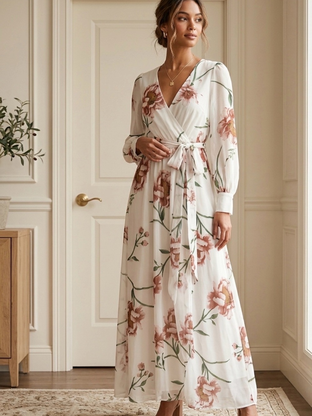 Floral Wrap Maxi Dress in Blush Ivory
